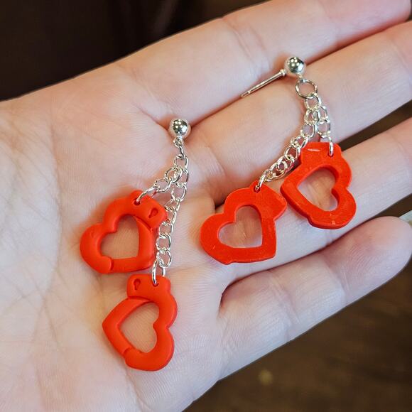 Red Heart Handcuff Dangle Earrings Polymer Clay Handmade Bold - Picture 3 of 4